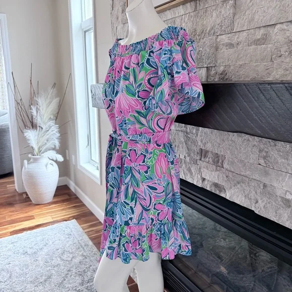 Lilly Pulitzer Off Shoulder Floral Ruffle Mini Dress Pink Blue Belted Size S - Picture 4 of 8